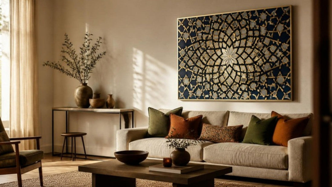 Elegant living room with an abstract Islamic geometric-pattern canvas above a beige sofa