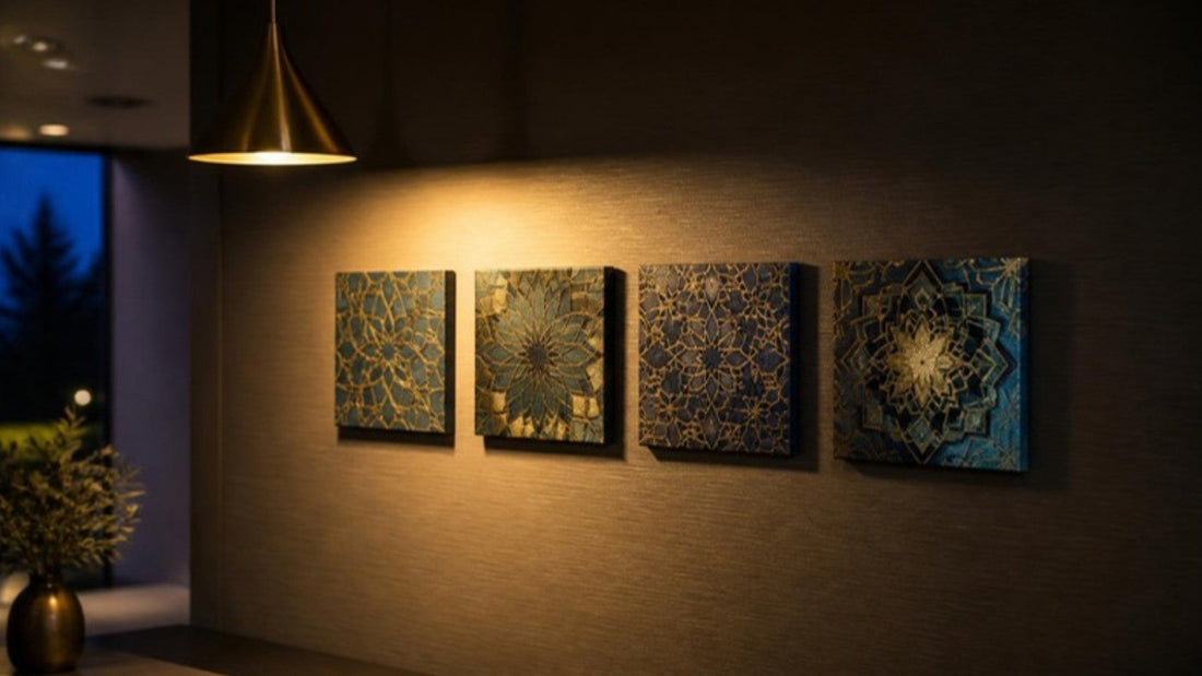Hallway feature wall with four small geometric Islamic pattern canvases representing the 4 Quls