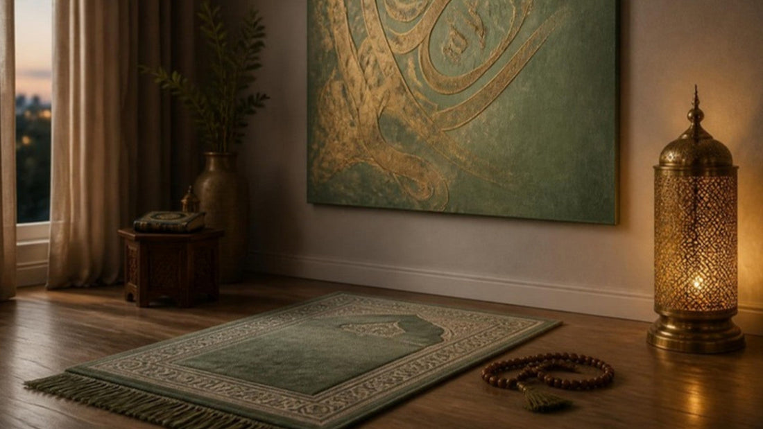 Quiet devotional prayer corner with sage green and gold calligraphic canvas evoking Darood Sharif